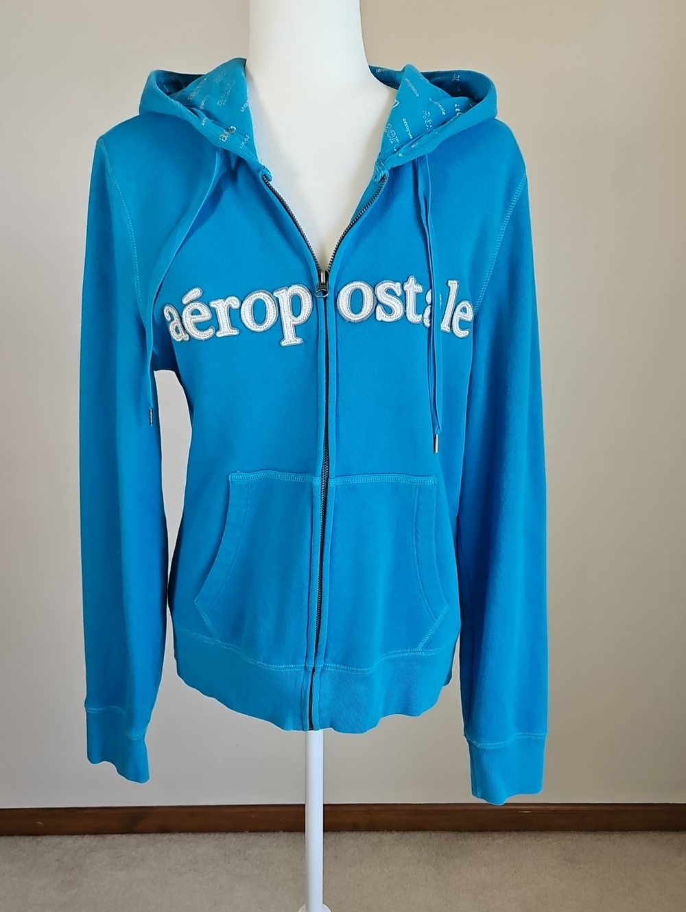 Aeropostale Y2K Full Zip Hoodie Jacket Applique Spellout Turquoise Blue XL 2009